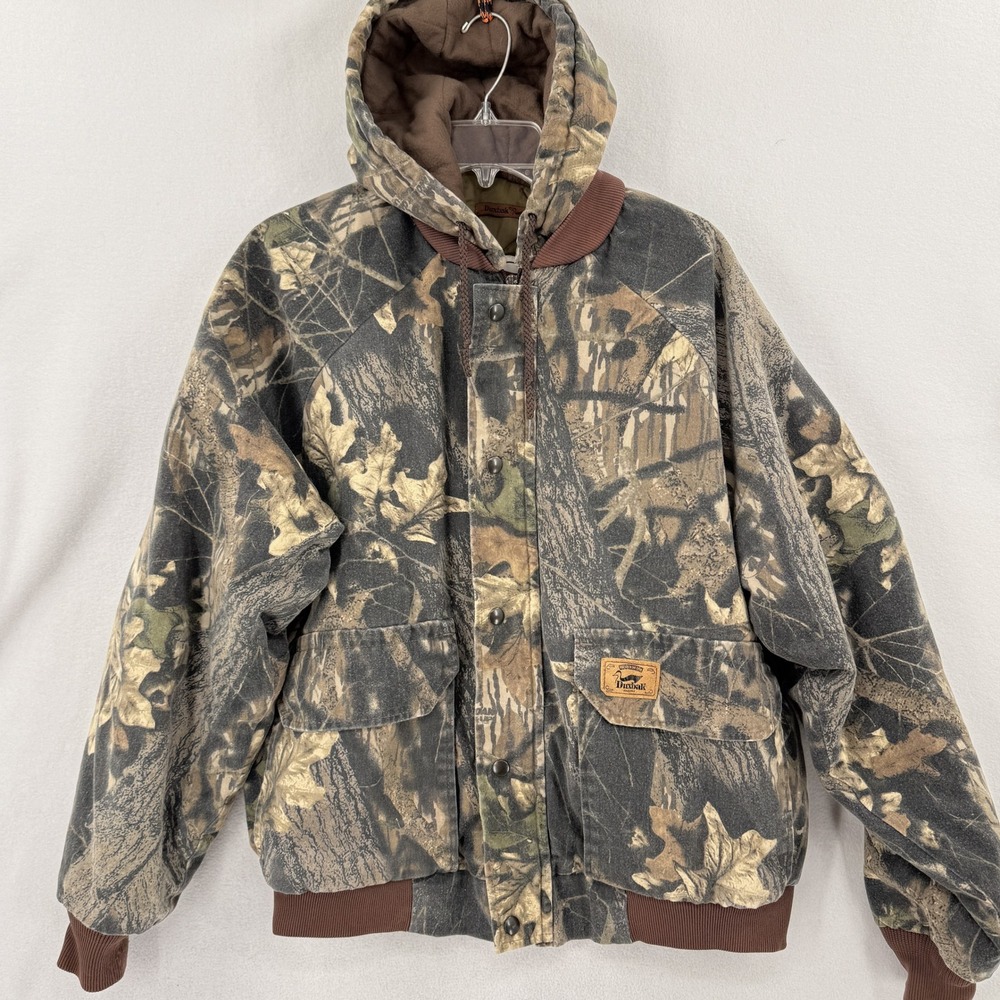 Duxbak Camo Hooded Bomber Jacket Mens Large Brown Green Realtree Hunting Coat